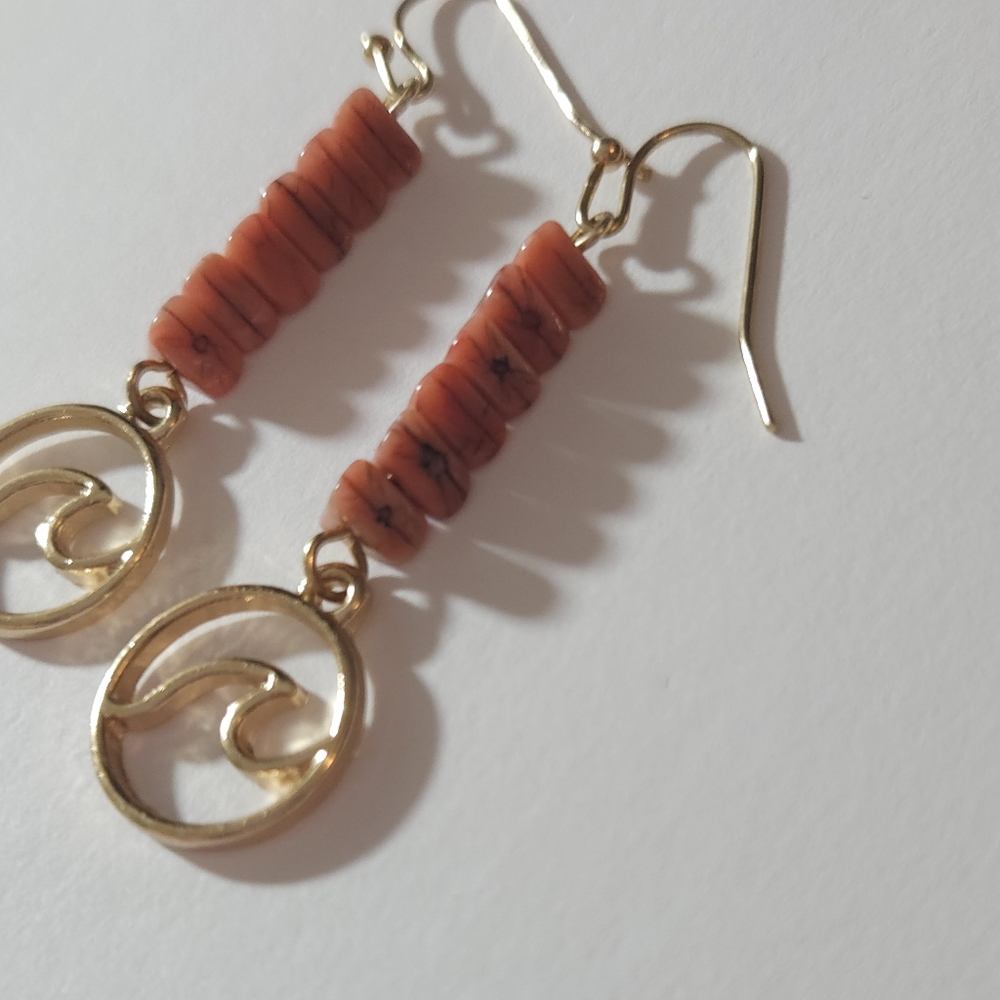 Breaking Waves Coral Gold Plate Wave Dangle Earrings Fog & Fern Clothing Company - Picture 5 of 6